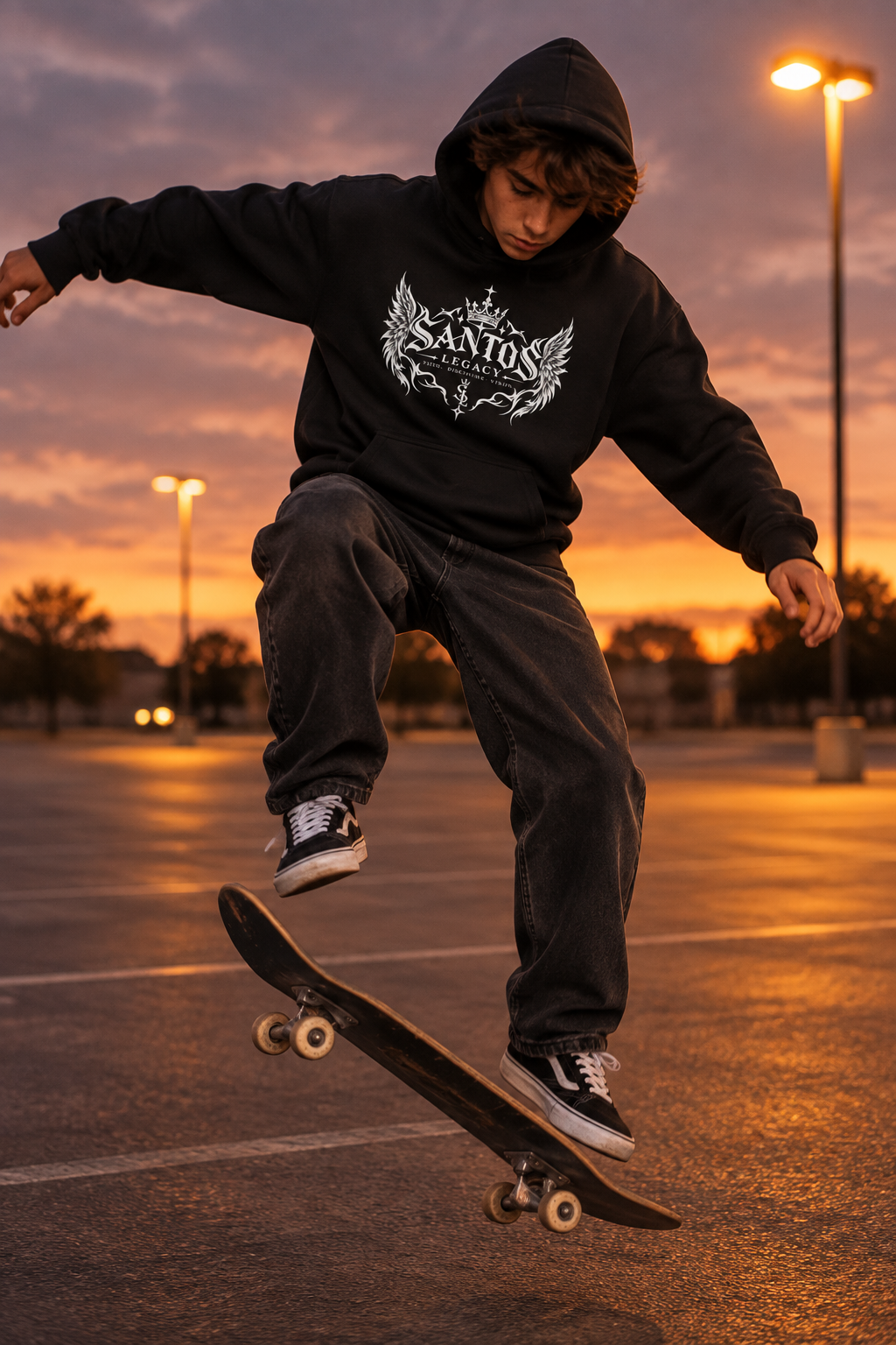 Teenage boy wearing the Santos Legacy Signature Premium Youth heavy blend hoodie skateboarding in a parking lot at dusk