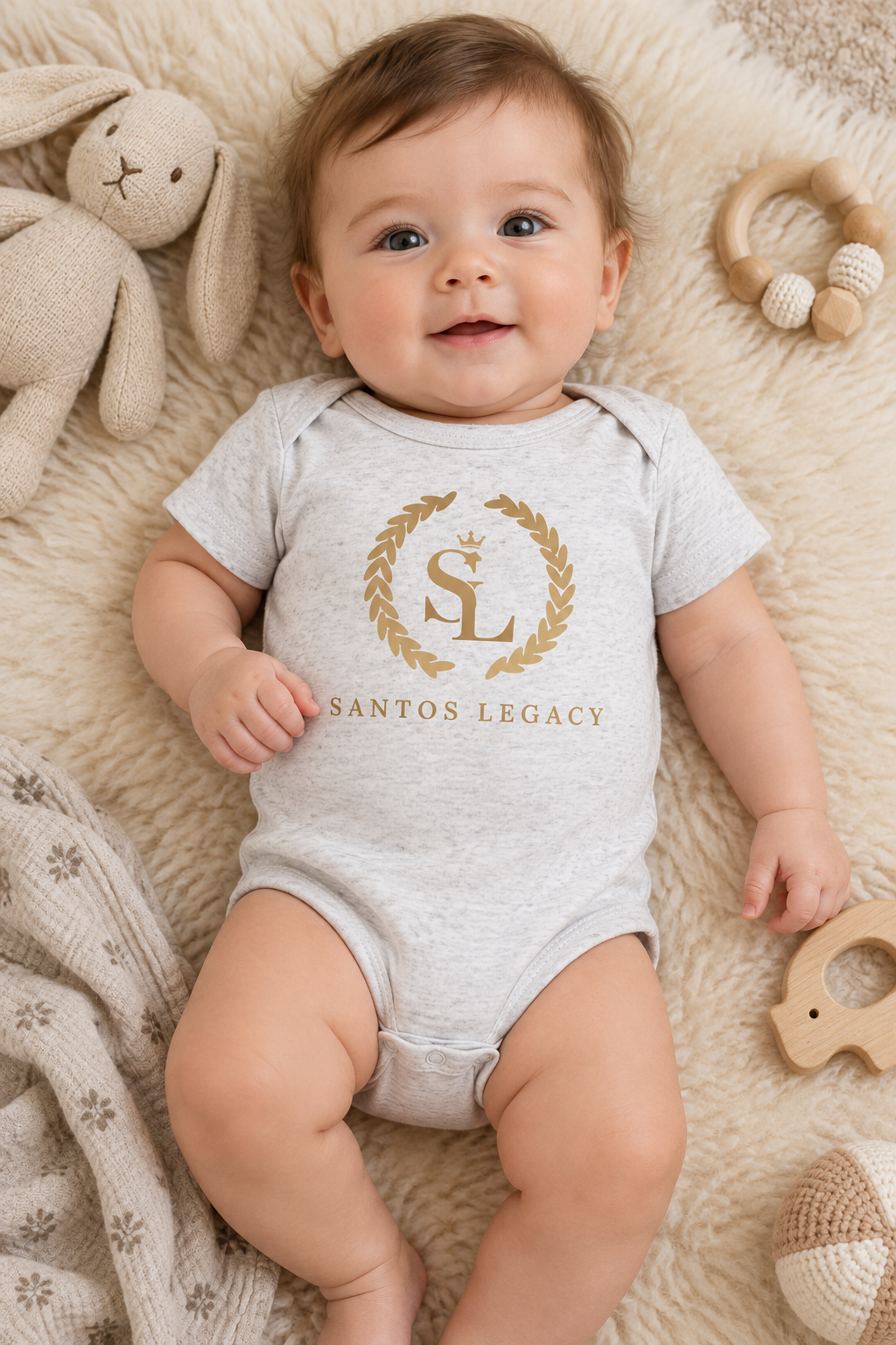 Baby wearing the Santos Legacy Little Legacy Baby jersey bodysuit lying on a sheepskin rug with natural toys