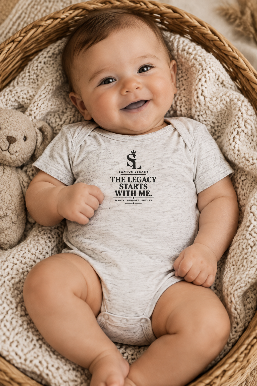Baby wearing the Santos Legacy Little Legacy Baby jersey bodysuit relaxing in a wicker basket with a knit blanket