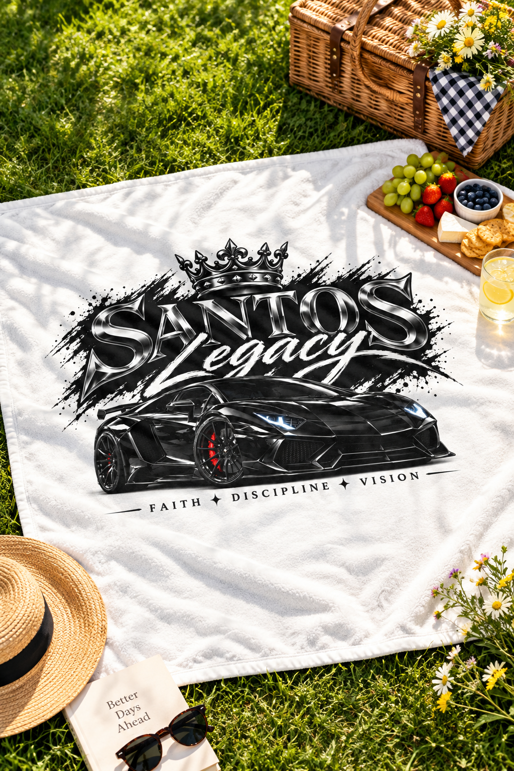 Santos Legacy Luxury Throw Blanket laid out as a picnic blanket on green grass