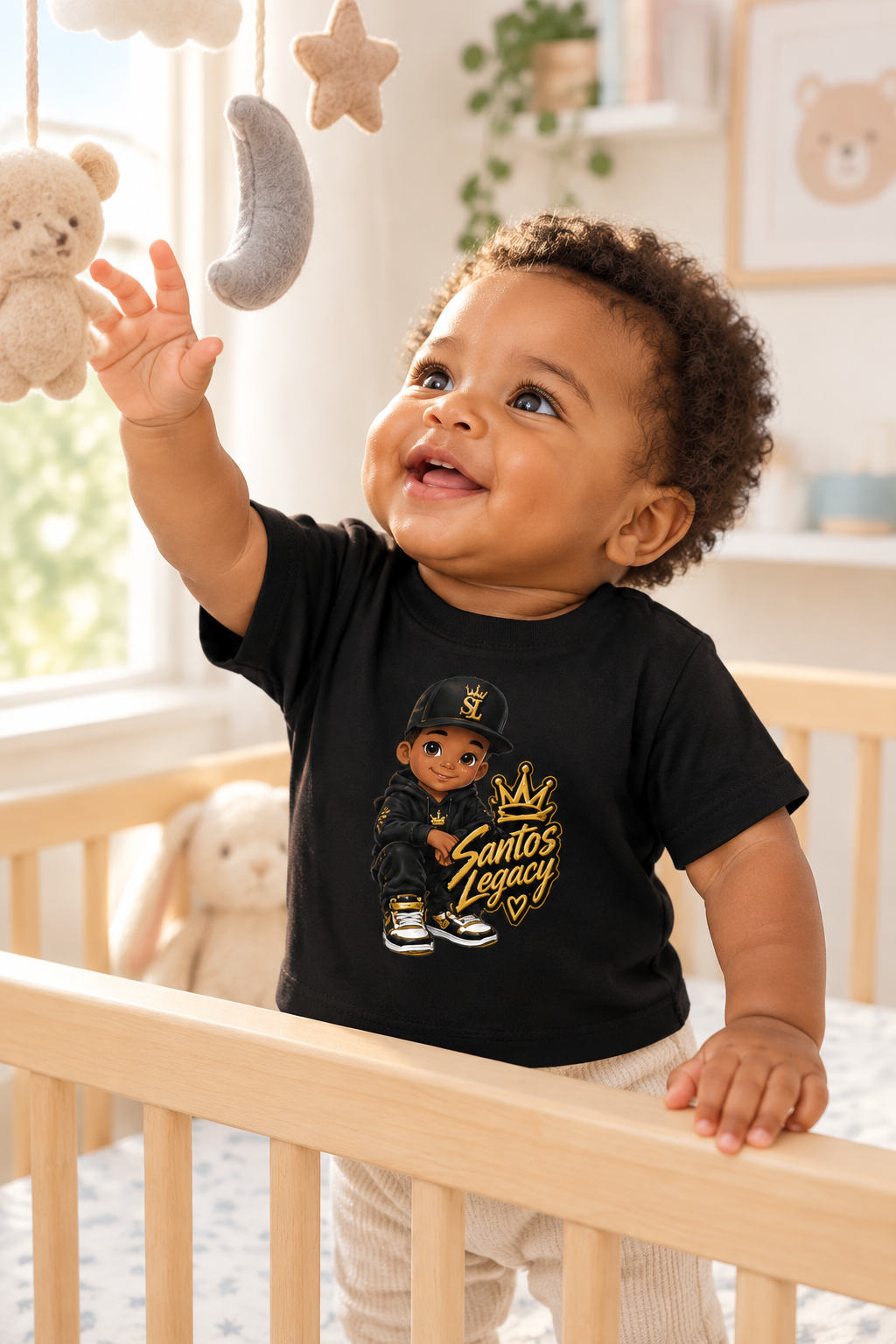 Baby wearing the Santos Legacy Baby Jersey Short Sleeve Tee in a sunlit nursery crib reaching at a mobile