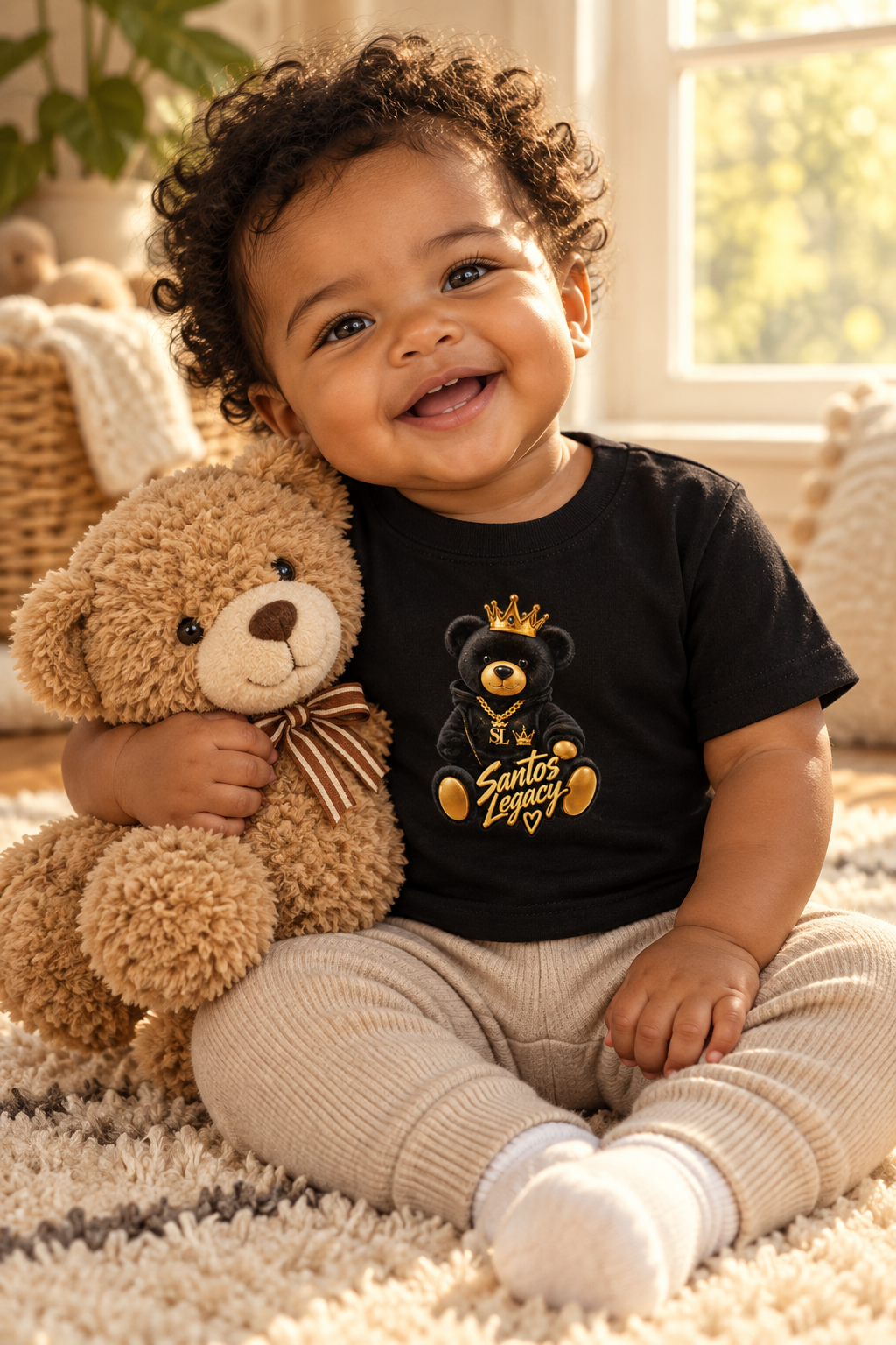 Baby wearing the Santos Legacy Baby Jersey Short Sleeve Tee hugging a teddy bear on a rug