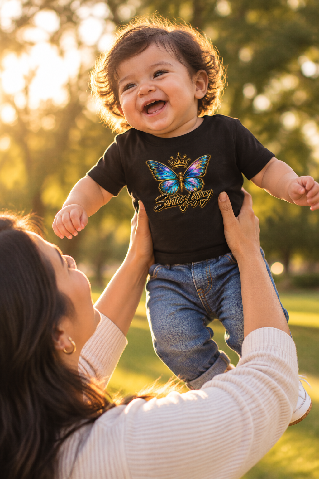 Parent lifting a laughing baby wearing the Santos Legacy Baby Jersey Short Sleeve Tee in a park