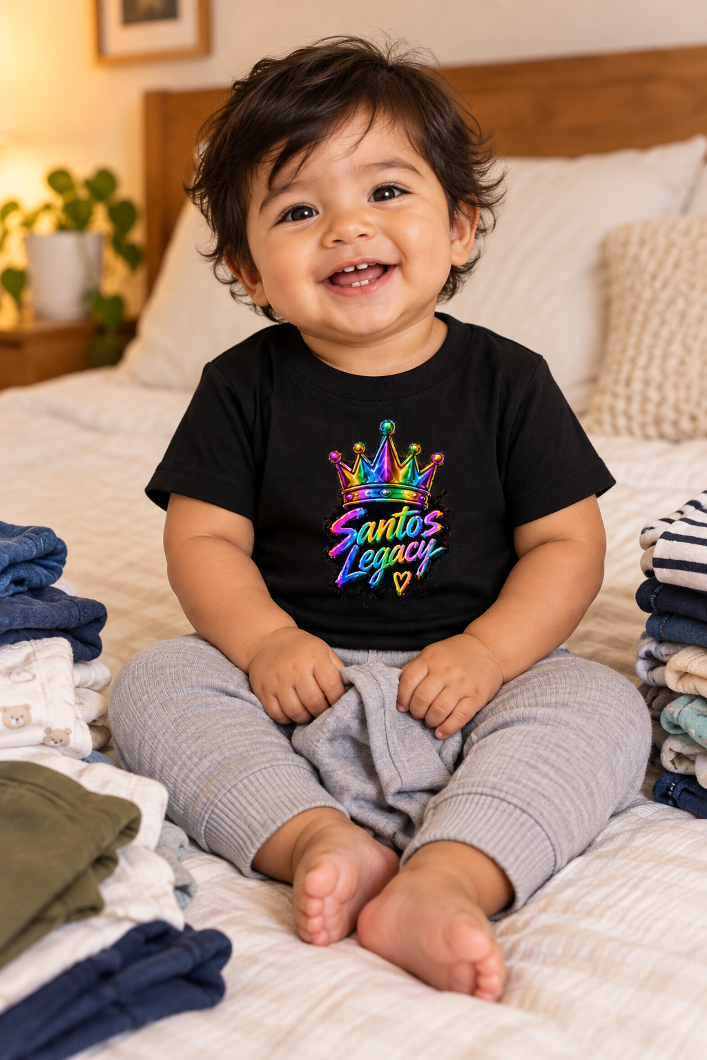 Baby wearing the Santos Legacy Baby Jersey Short Sleeve Tee sitting on a bed surrounded by folded laundry
