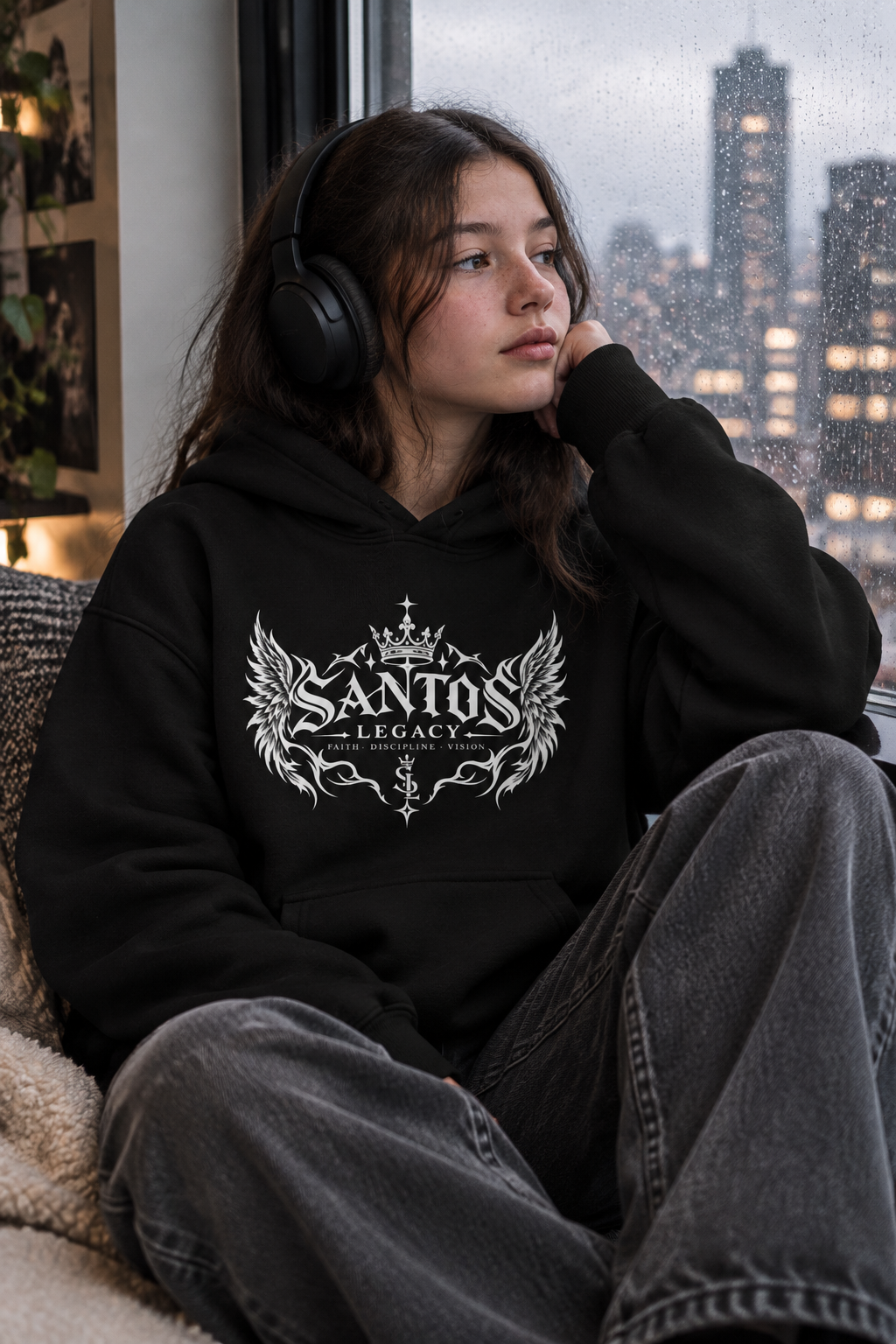 Teenage girl wearing the Santos Legacy Signature Premium Youth heavy blend hoodie with headphones on a window seat