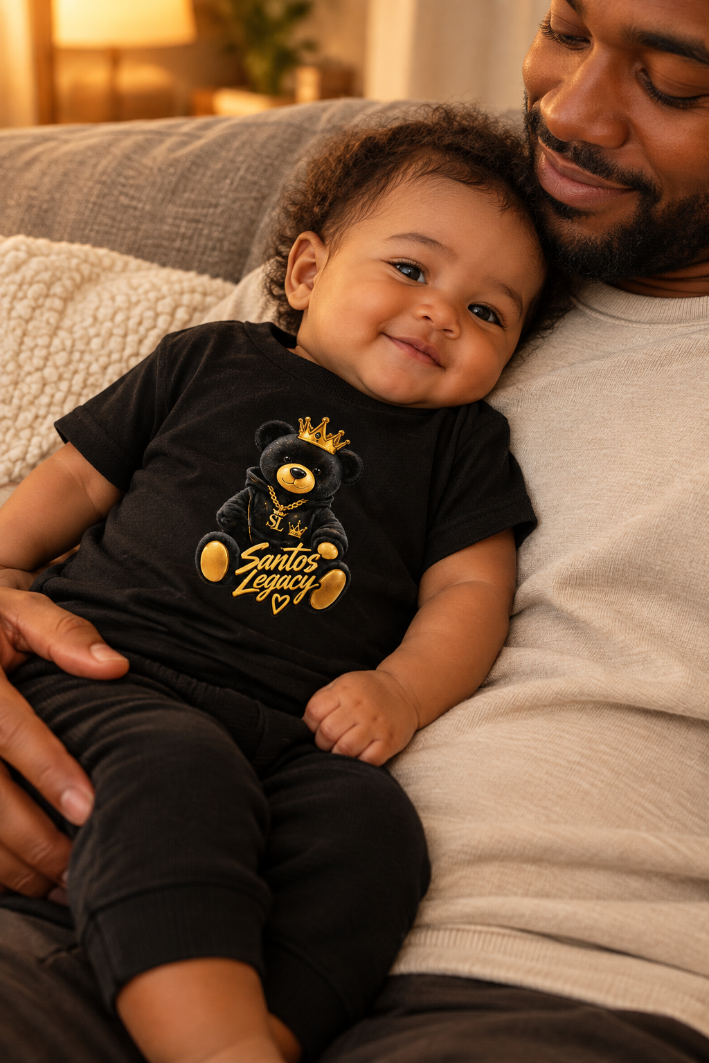 Baby wearing the Santos Legacy Baby Jersey Short Sleeve Tee lying on a parent's chest on a sofa