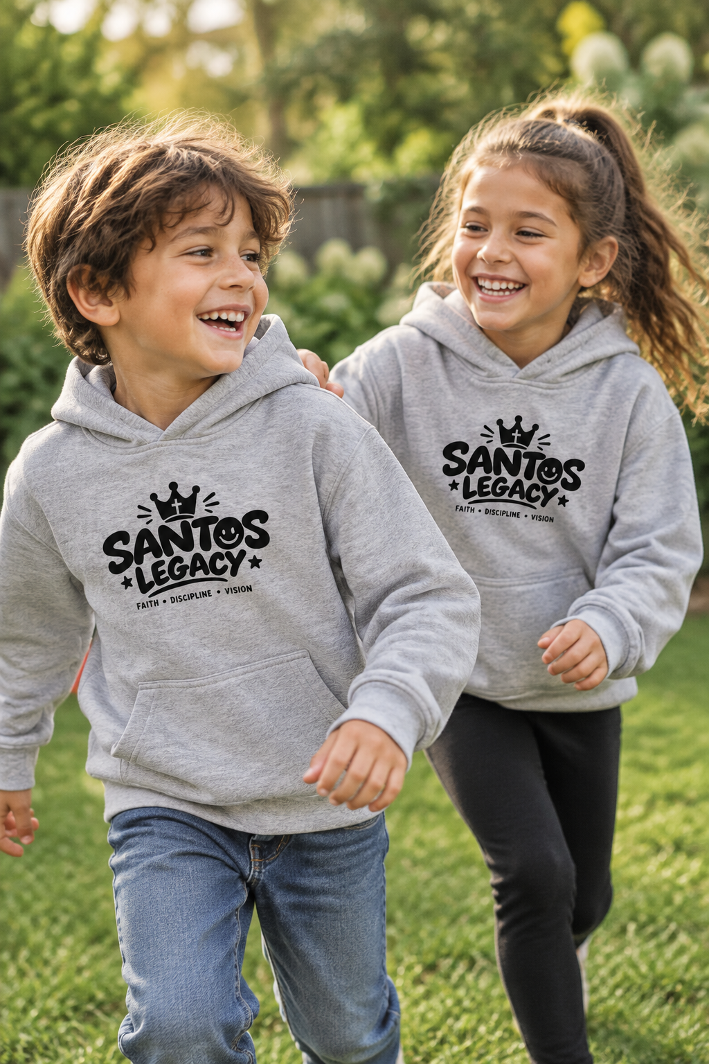 Two kids wearing the Santos Legacy Signature Premium Kids fleece hoodie playing in a backyard