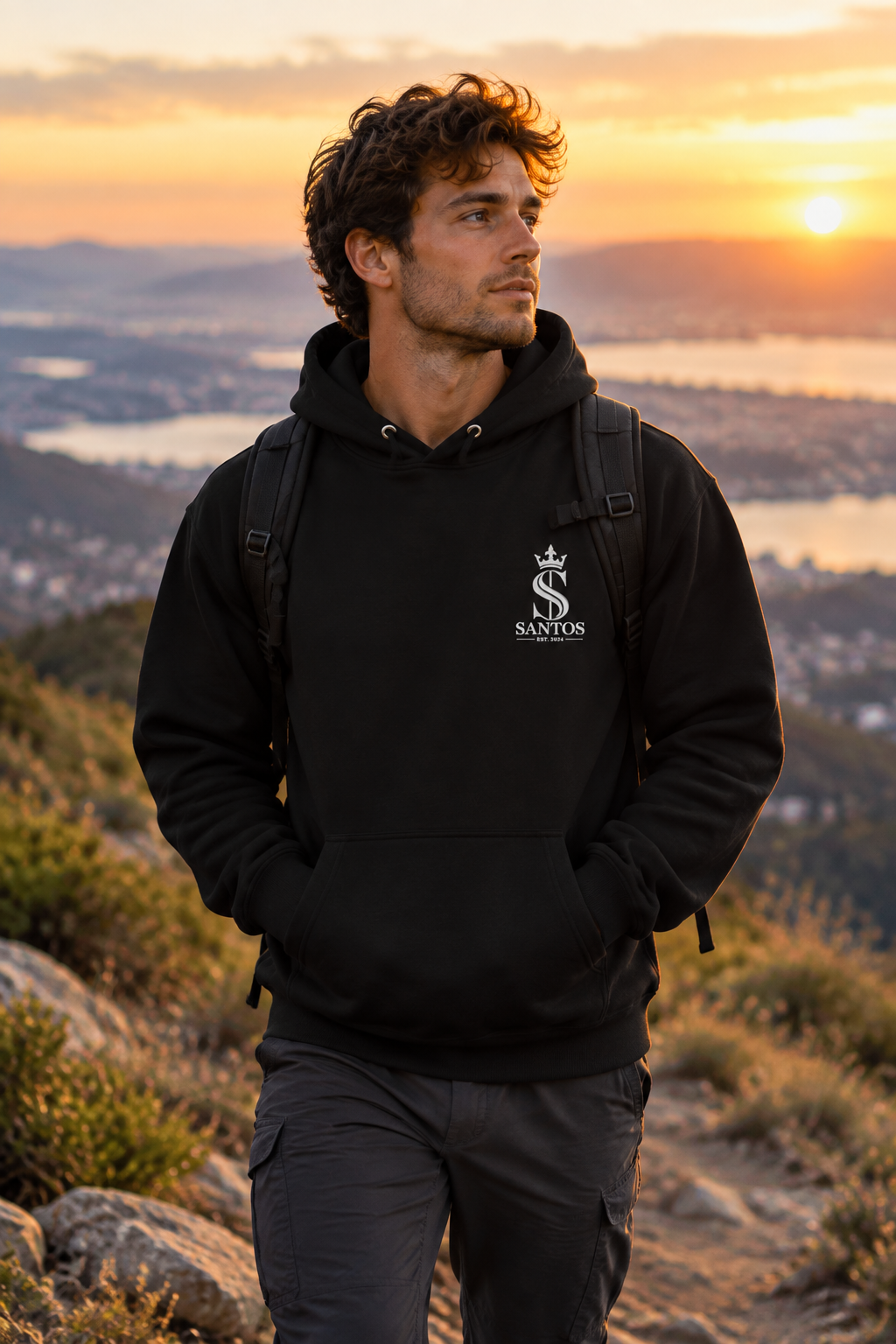 Man wearing the Santos Legacy Signature Premium Unisex Hoodie at the top of a hill trail at sunset