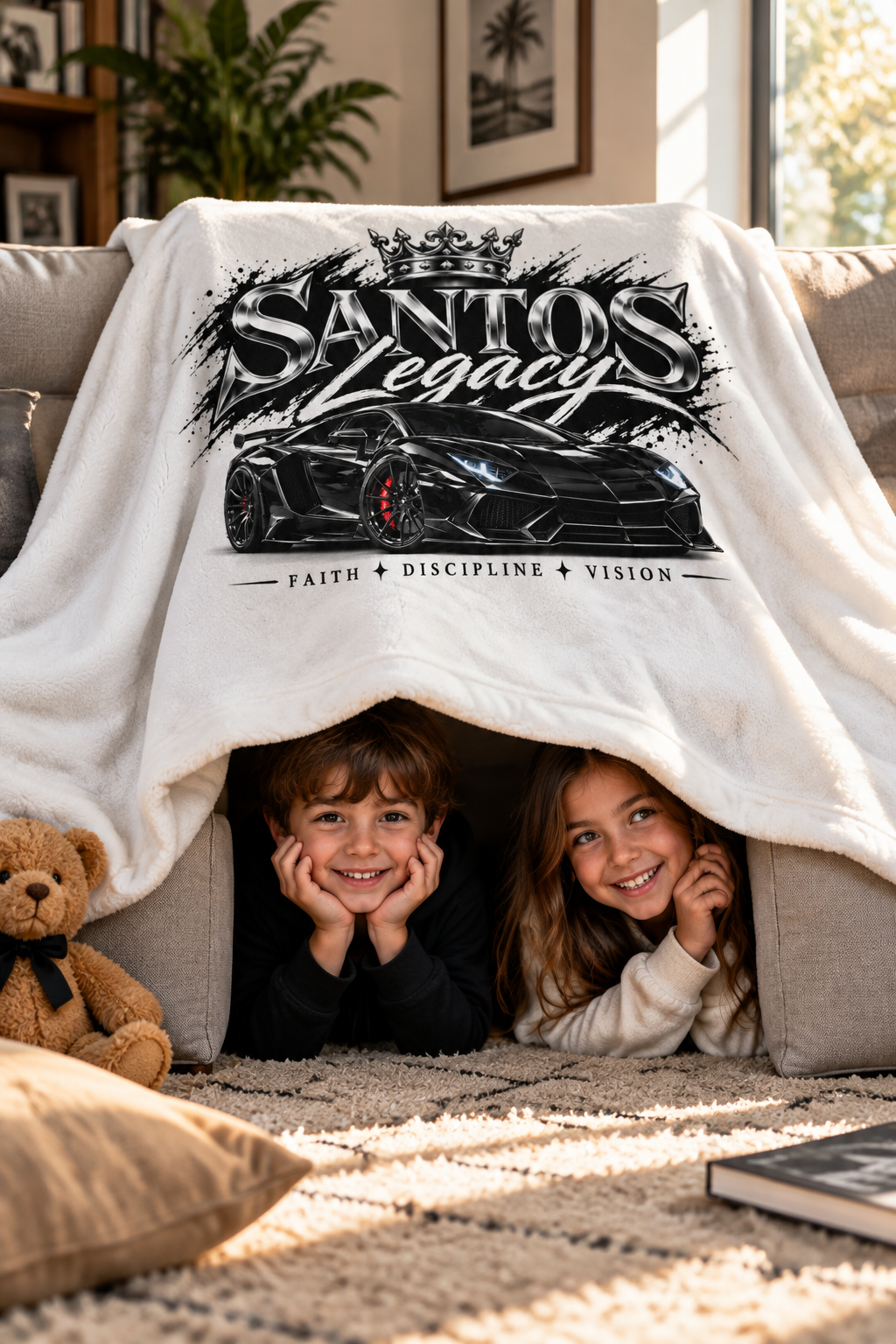 Two kids peeking out from a couch fort made with the Santos Legacy Luxury Throw Blanket