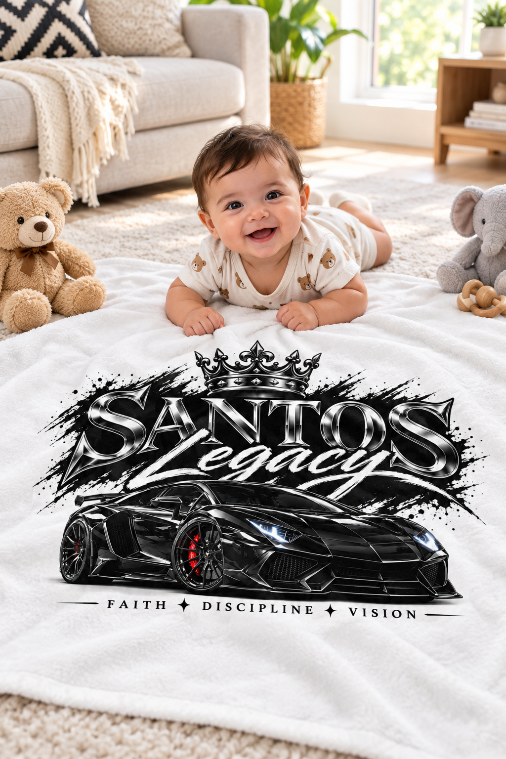 Baby doing tummy time on the Santos Legacy Luxury Throw Blanket in a bright living room