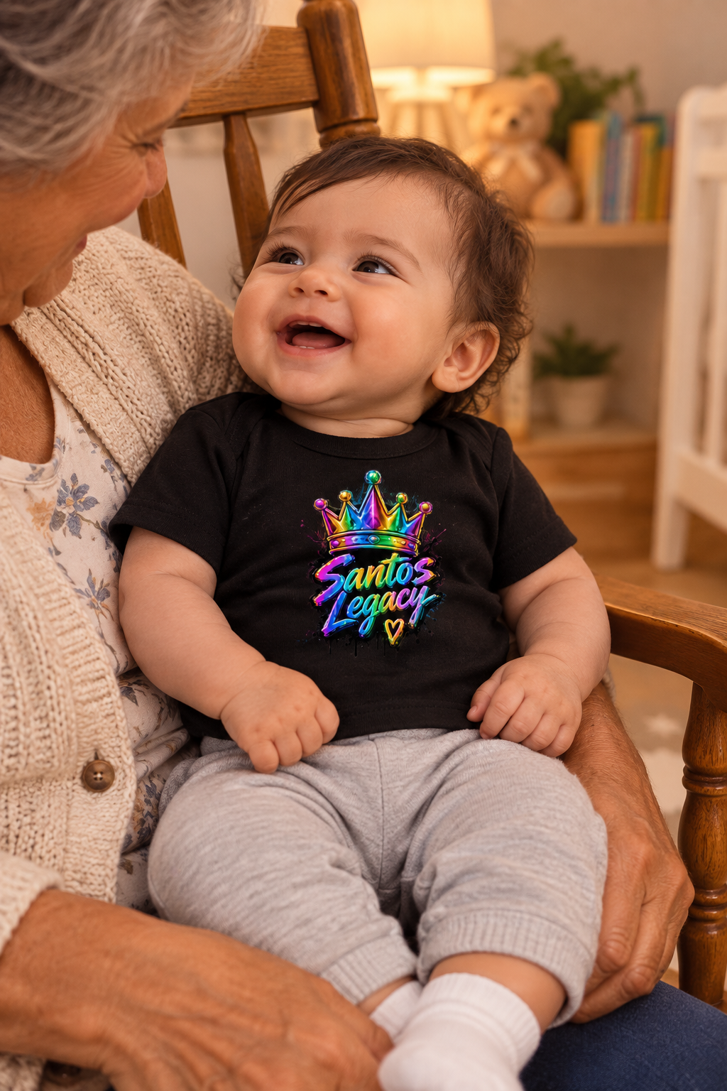 Baby wearing the Santos Legacy Baby Jersey Short Sleeve Tee rocked in a wooden rocking chair with a grandparent