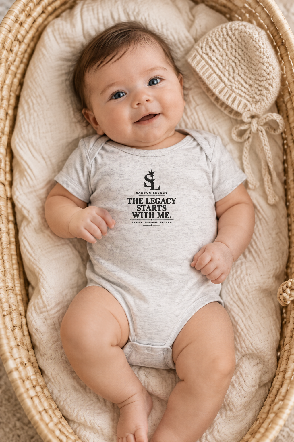 Baby wearing the Santos Legacy Little Legacy Baby jersey bodysuit in a woven basket bassinet with a knitted bonnet