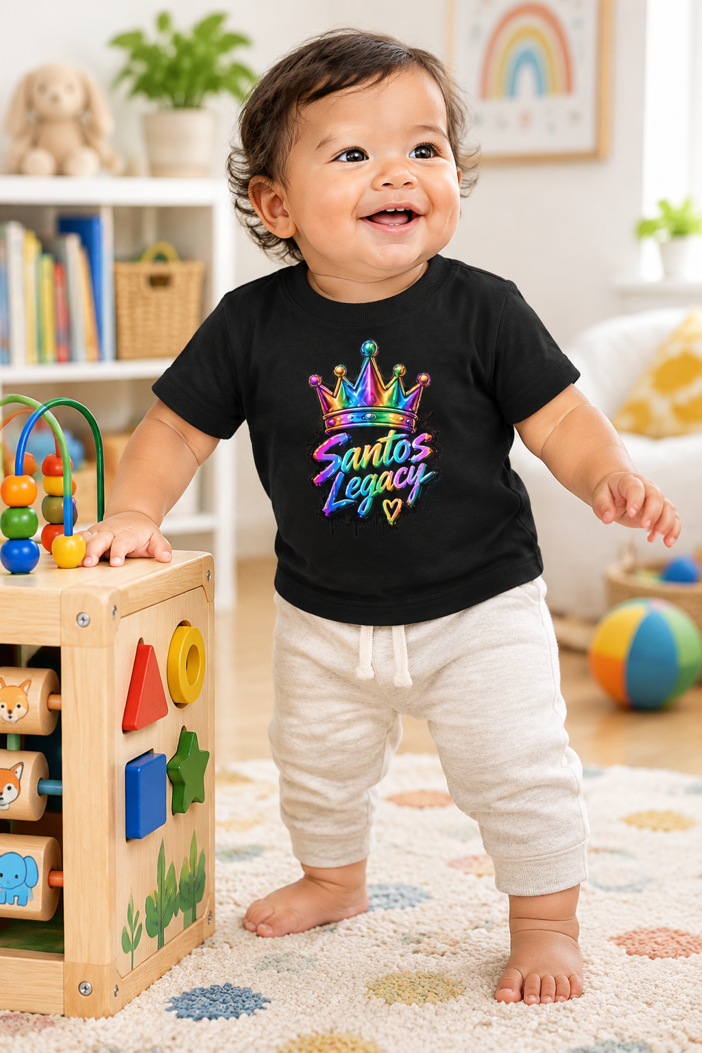 Baby wearing the Santos Legacy Baby Jersey Short Sleeve Tee standing with support at a wooden activity cube