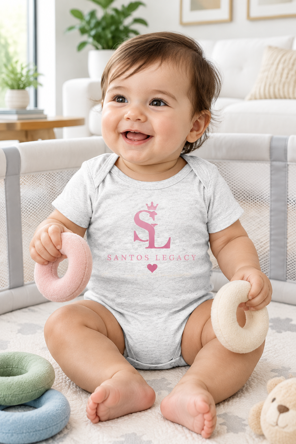 Baby wearing the Santos Legacy Baby Jersey Short Sleeve Tee sitting in a playpen playing with soft rings