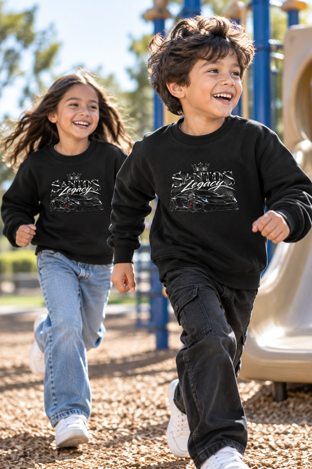Two kids wearing the Santos Legacy Signature Premium Kids crew neck sweatshirt racing to the slide at a playground