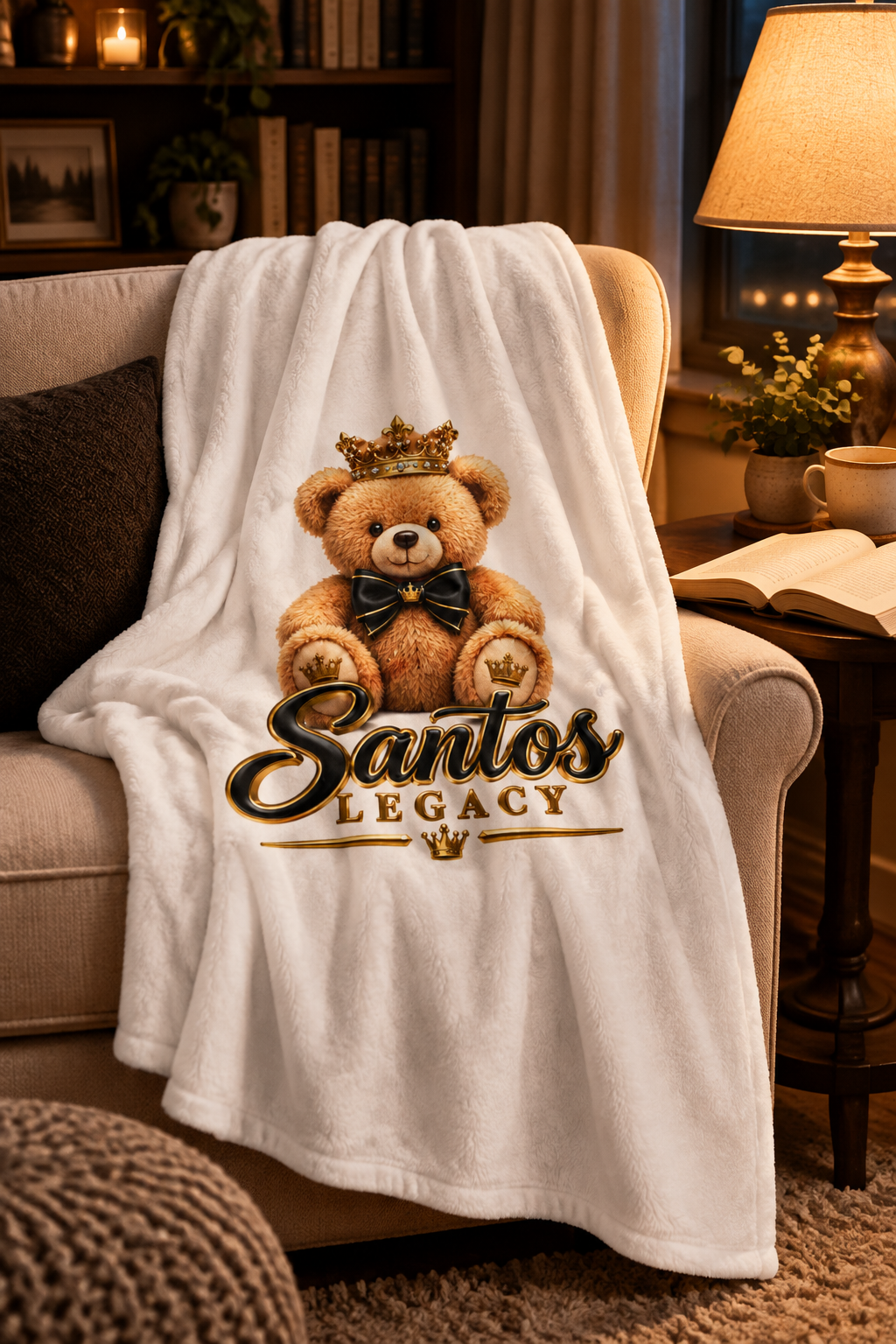 Santos Legacy Luxury Throw Blanket draped over a reading armchair beside a warm lamp