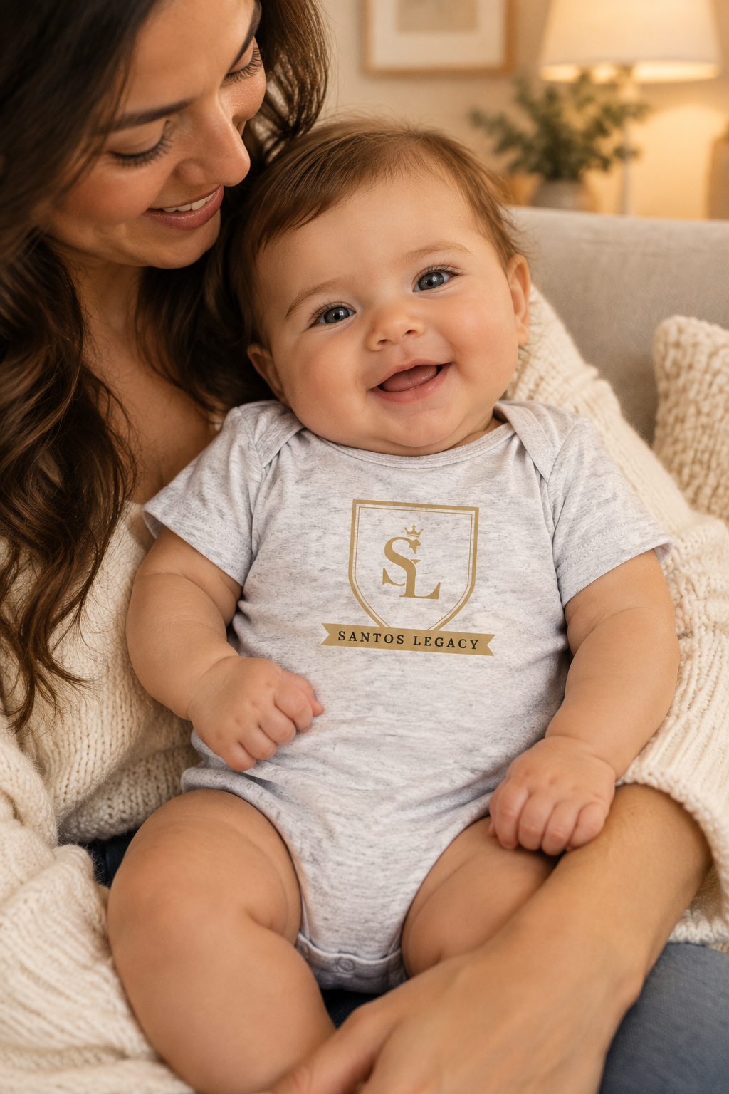 Parent cuddling a baby wearing the Santos Legacy Little Legacy Baby jersey bodysuit on a couch