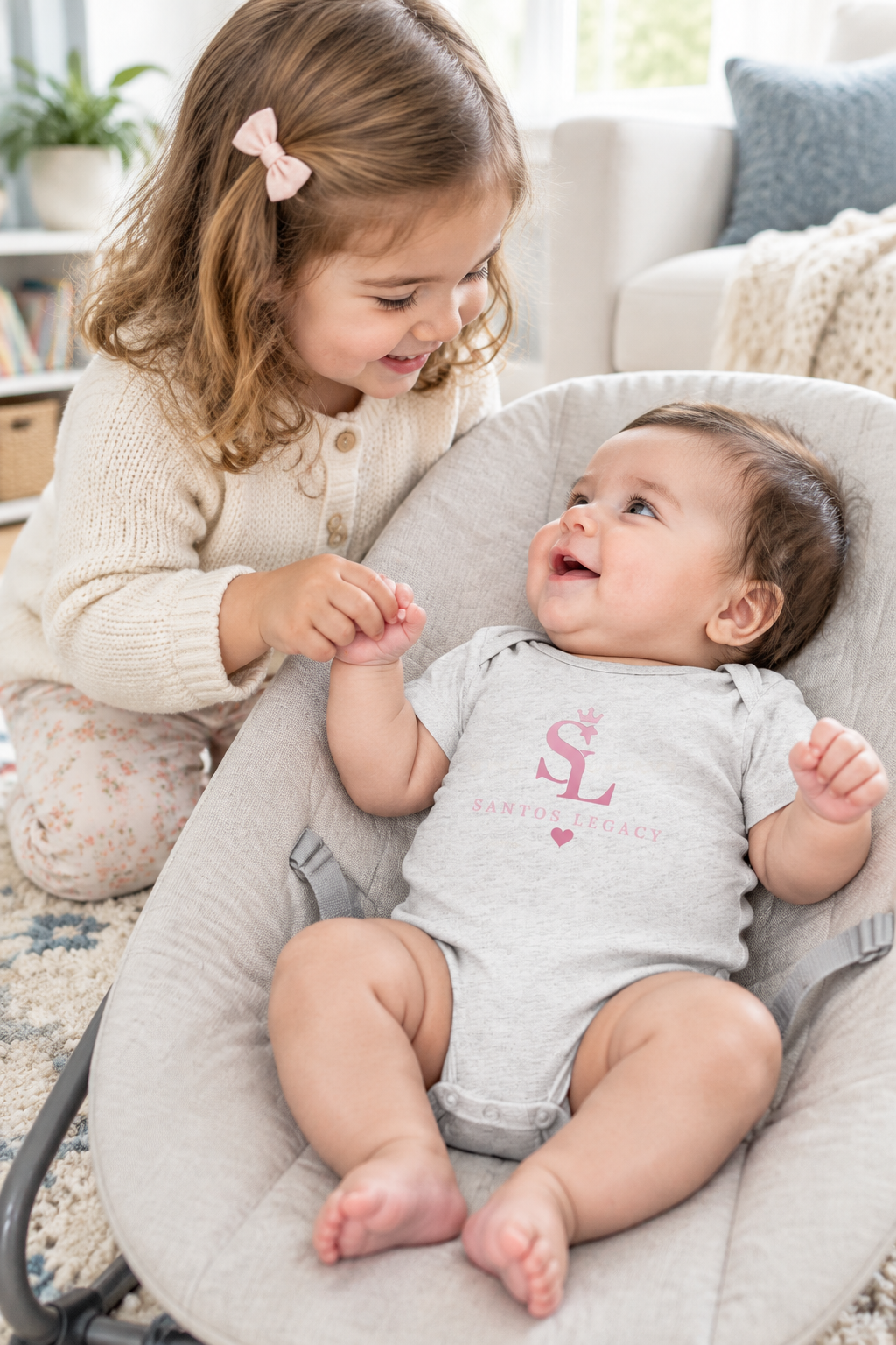 Toddler sibling playing with a baby wearing the Santos Legacy Little Legacy Baby jersey bodysuit in a bouncer