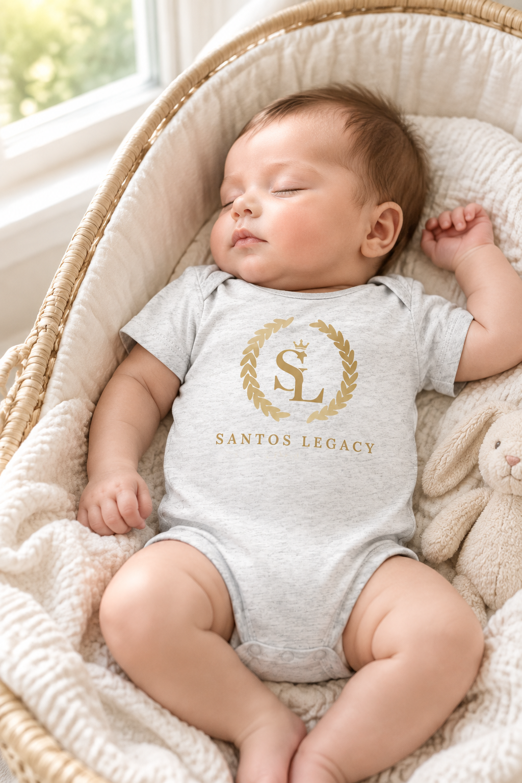 Baby wearing the Santos Legacy Little Legacy Baby jersey bodysuit napping by a bright window