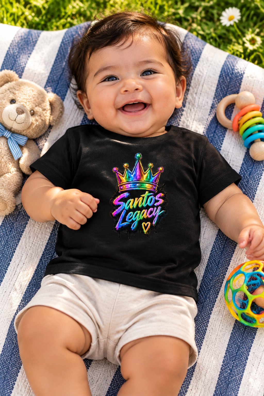 Baby wearing the Santos Legacy Baby Jersey Short Sleeve Tee lying on a picnic blanket in a garden