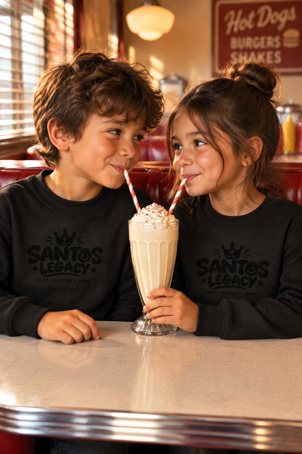 Two kids wearing the Santos Legacy Signature Premium Kids crew neck sweatshirt sharing a milkshake at a diner booth