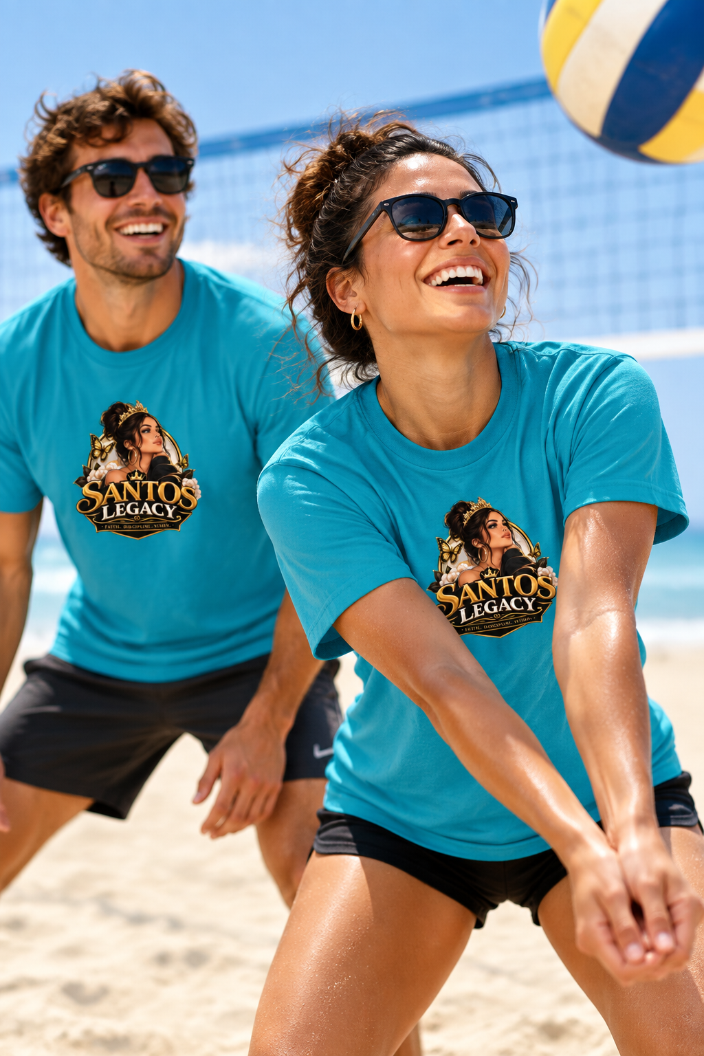 Friends wearing the Santos Legacy Signature Unisex t-shirt playing beach volleyball