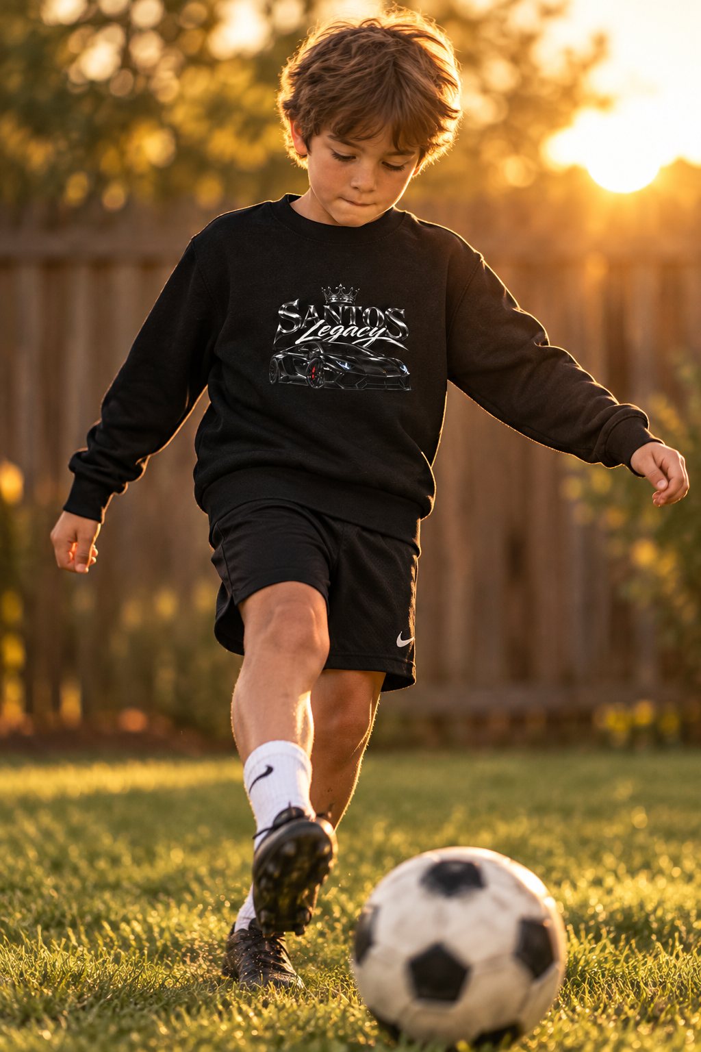 Kid wearing the Santos Legacy Signature Premium Kids crew neck sweatshirt kicking a soccer ball in a backyard
