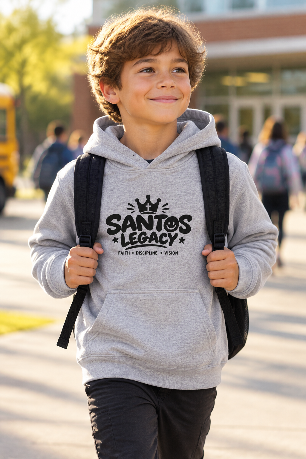 Kid wearing the Santos Legacy Signature Premium Kids fleece hoodie heading to school with a backpack