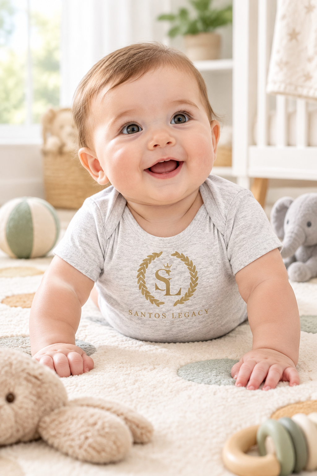 Baby wearing the Santos Legacy Little Legacy Baby jersey bodysuit doing tummy time on a play mat