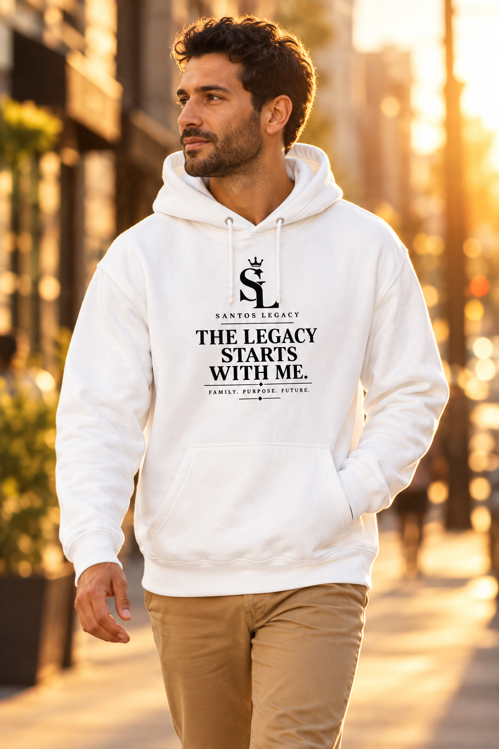 Man wearing the Santos Legacy Signature Premium Phrase Hoodie on a golden-hour city walk