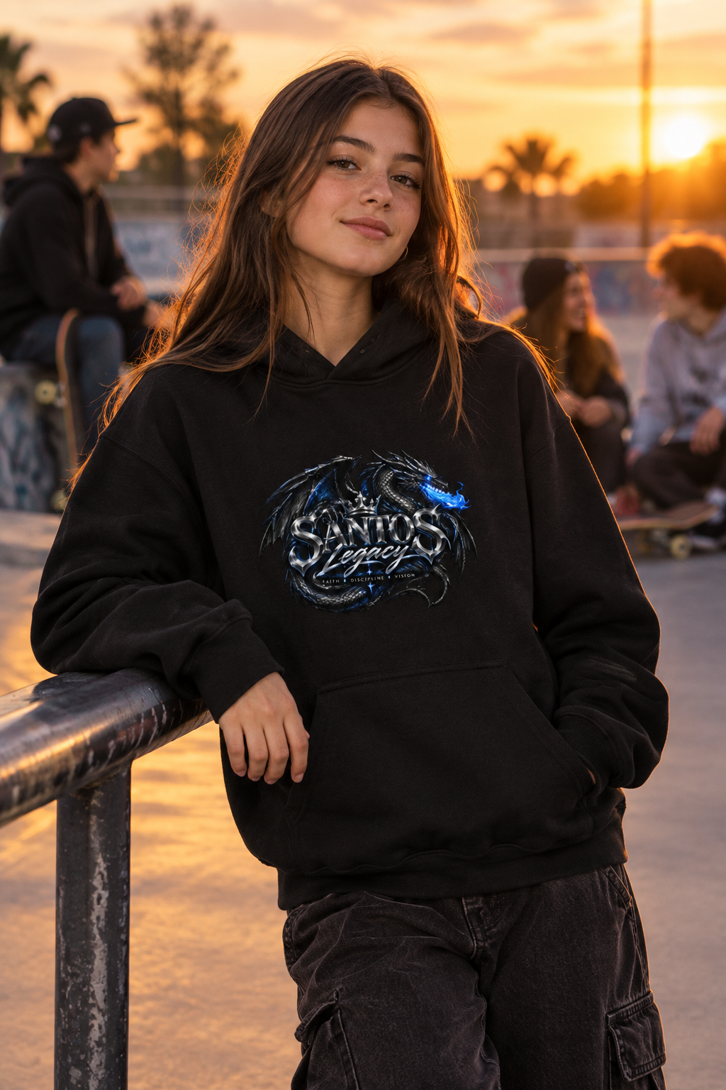 Teenage girl wearing the Santos Legacy Signature Premium Youth heavy blend hoodie at a sunset skate park