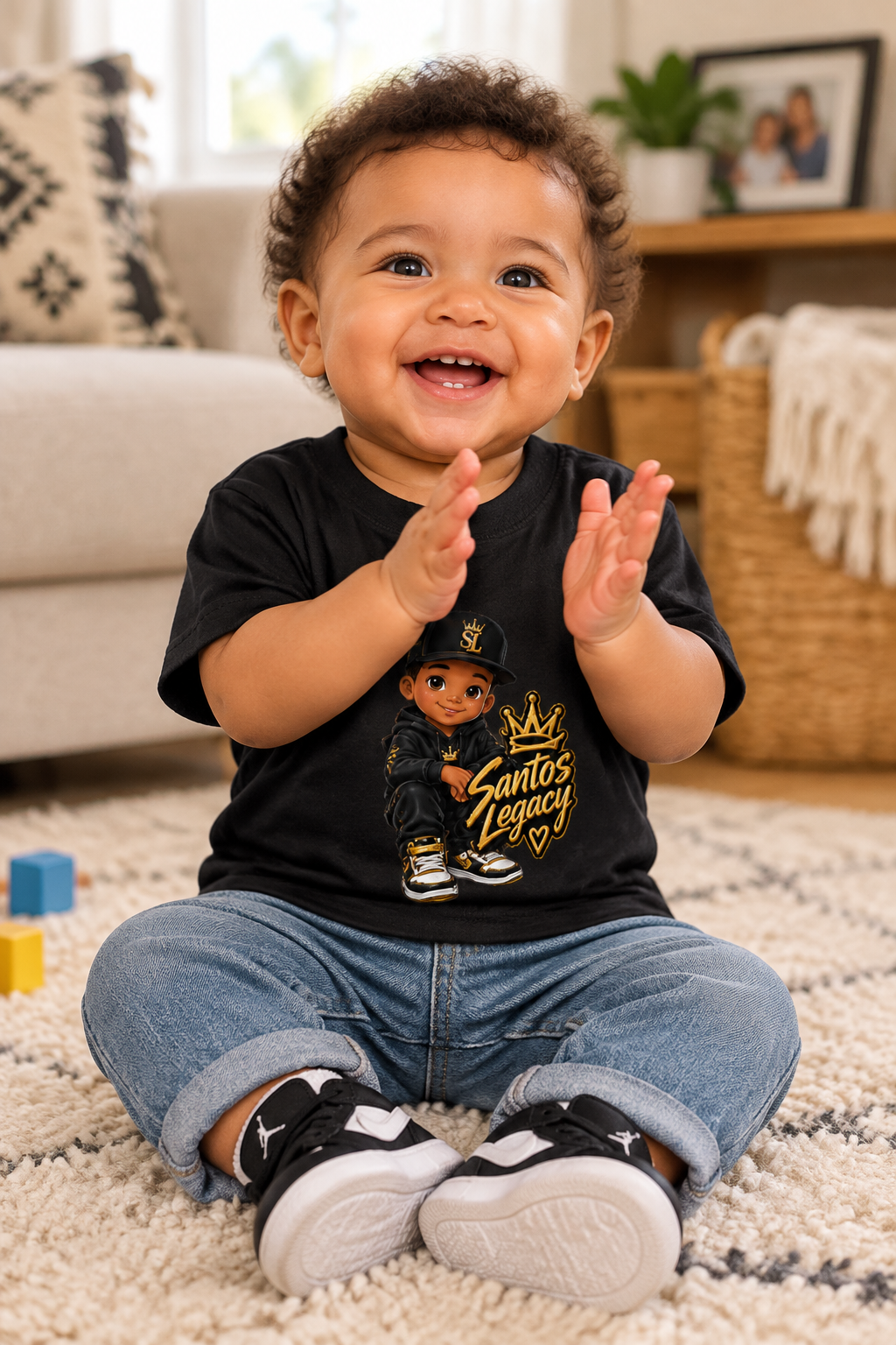 Baby wearing the Santos Legacy Baby Jersey Short Sleeve Tee sitting on a rug clapping