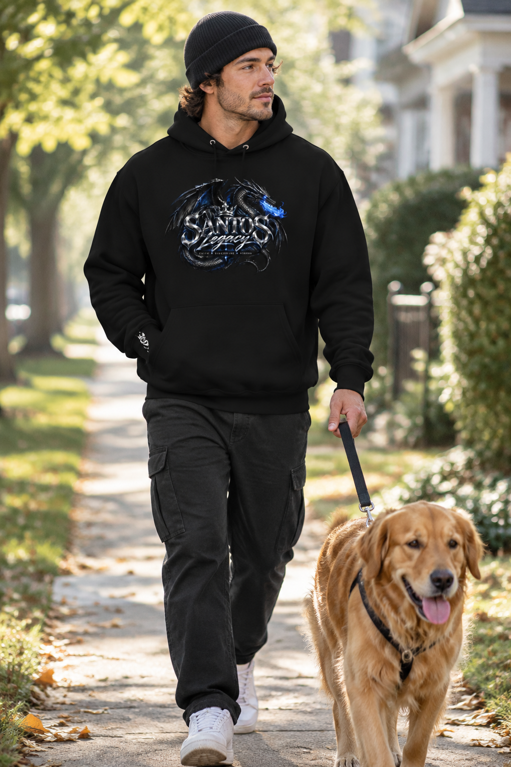 Man wearing the Santos Legacy Signature Premium Hoodie walking his dog in a leafy neighborhood