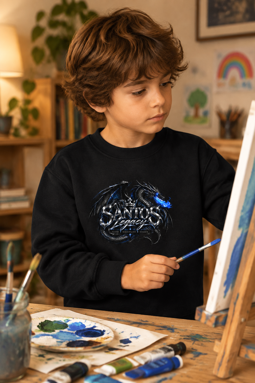 Kid wearing the Santos Legacy Signature Premium Kids crew neck sweatshirt painting at a craft table at home