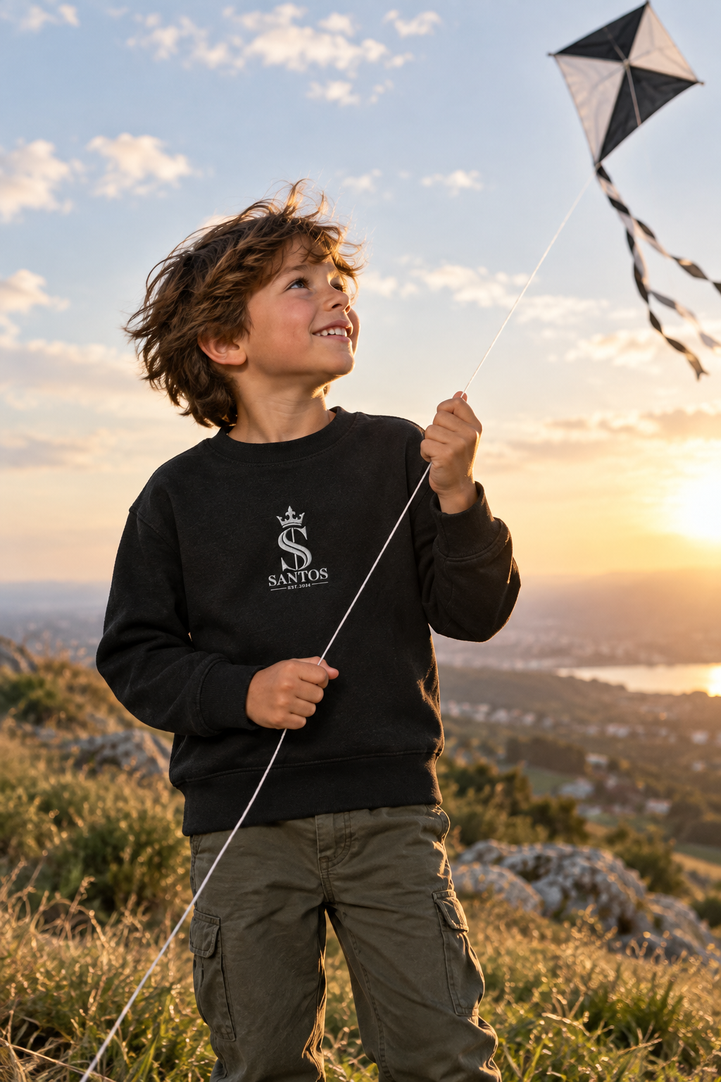 Kid wearing the Santos Legacy Signature Premium Kids crew neck sweatshirt flying a kite on a breezy hilltop
