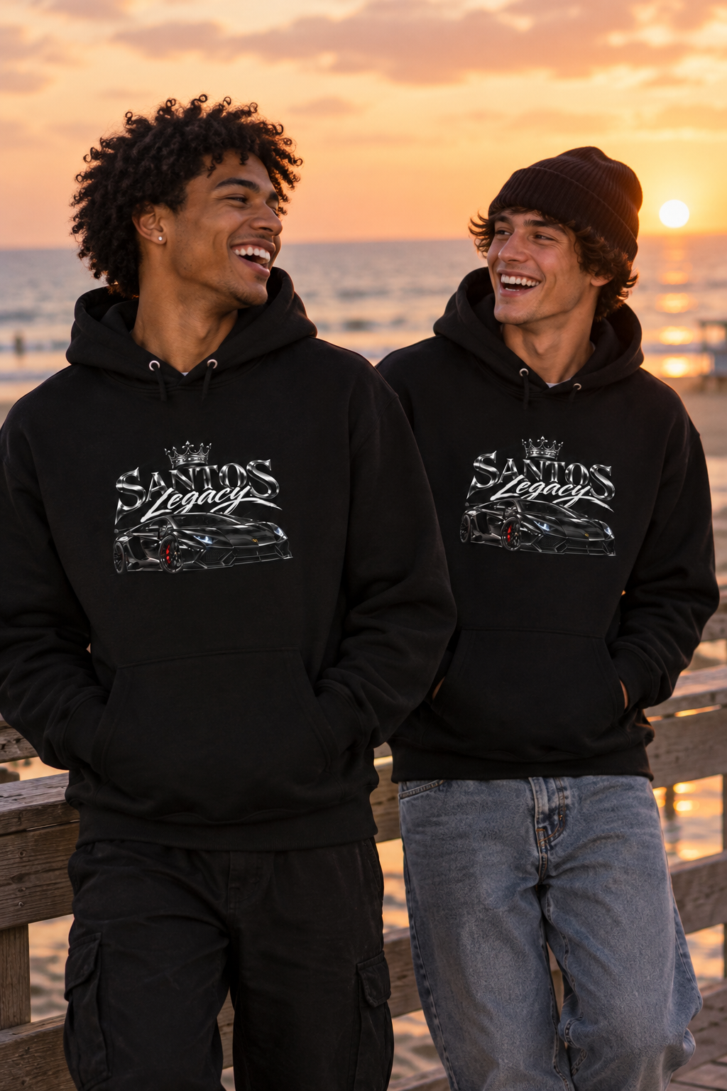 Two friends wearing the Santos Legacy Signature Premium Hoodie on a sunset boardwalk