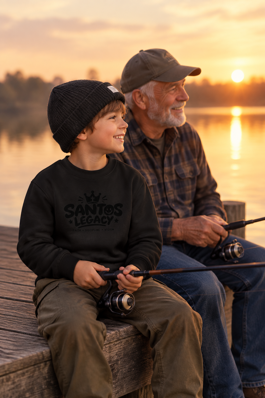 Kid wearing the Santos Legacy Signature Premium Kids crew neck sweatshirt fishing off a dock with a grandparent at sunrise