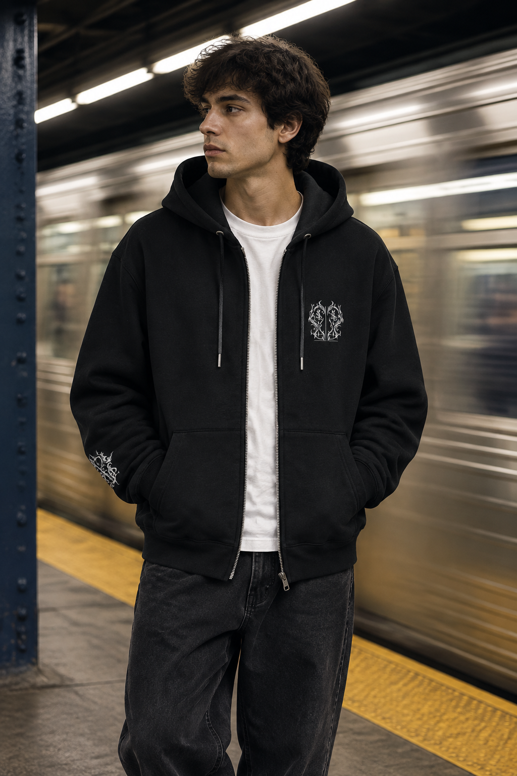 Man wearing the Santos Legacy Signature Premium Unisex heavyweight zip-up hoodie on a subway platform