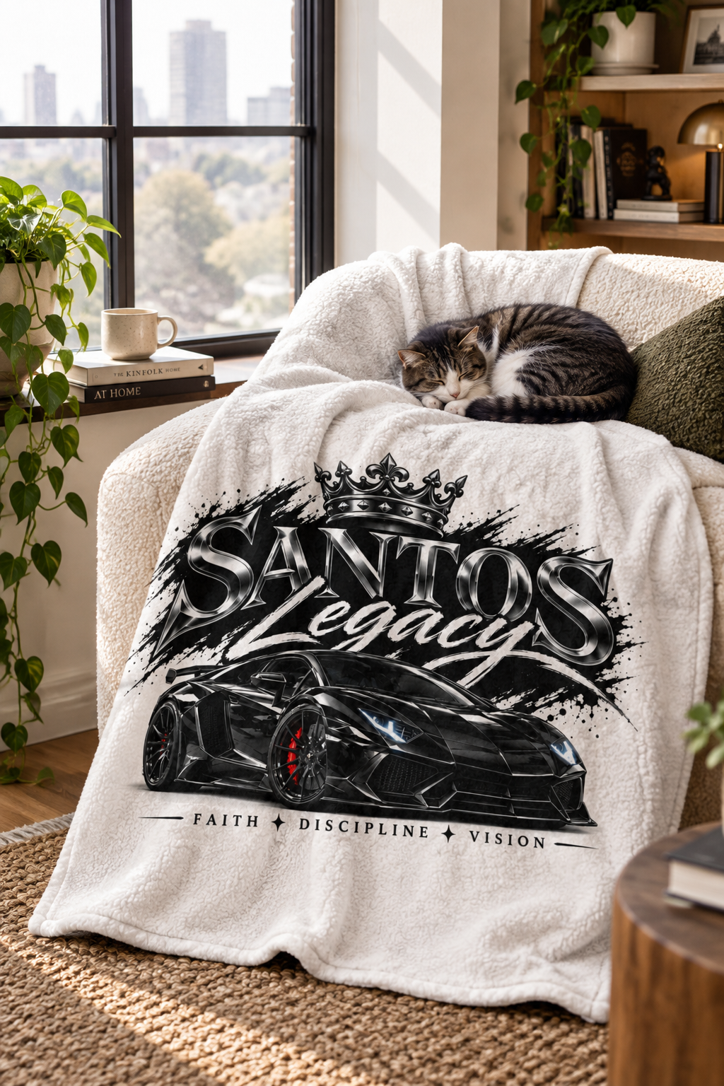 Santos Legacy Luxury Throw Blanket draped over a reading nook chair with a cat curled up