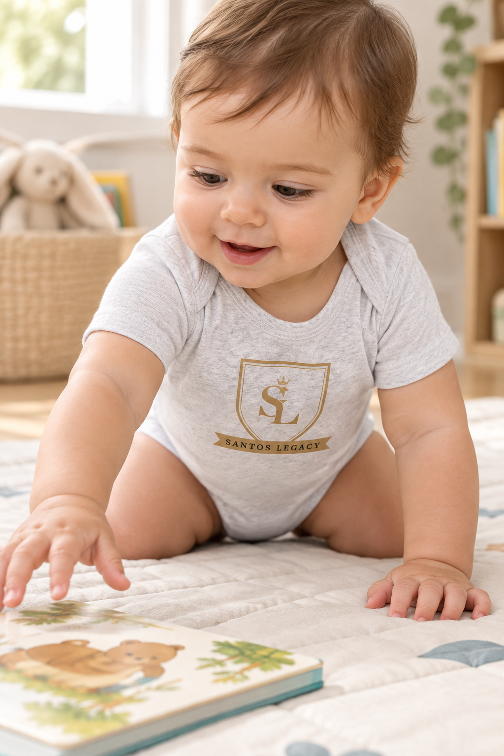 Baby wearing the Santos Legacy Little Legacy Baby jersey bodysuit on a crawling mat reaching for a book