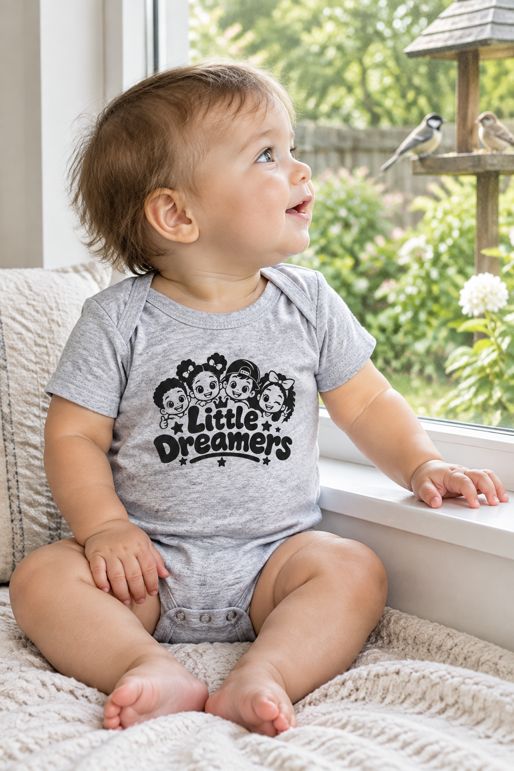Baby wearing the Santos Legacy Baby short sleeve one piece at a wide window watching birds in the garden